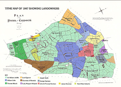 Tithe Map of 1847 showing landowners, farms and the numbering system for individual fields